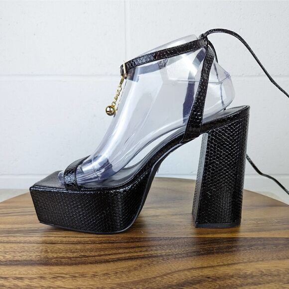 Simmi London Daina Black Patent Faux Snake Print Lace Up Platform Block Heel - Picture 13 of 16